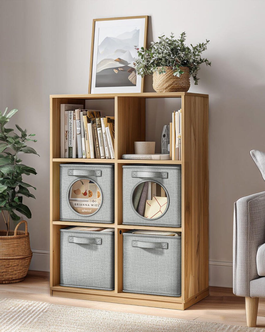 Storage cubes in a living room cube shelf