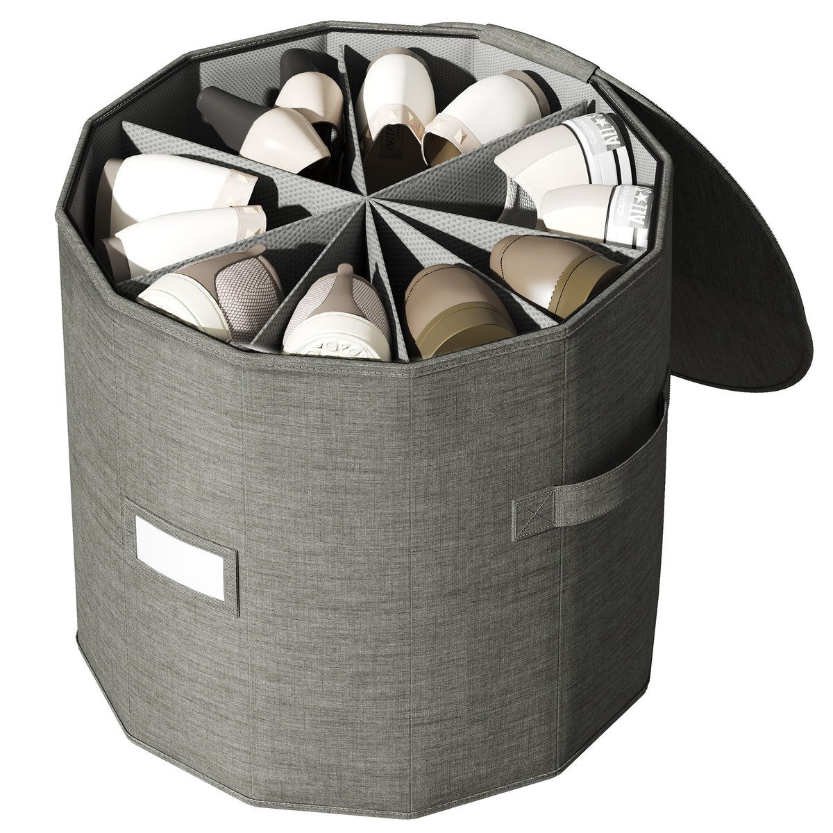 Round shoe organizer with fan-shaped dividers holding shoes