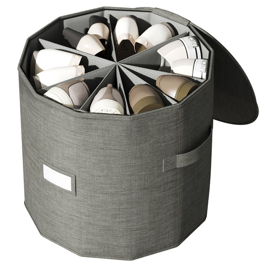 Round shoe organizer with fan-shaped dividers holding shoes