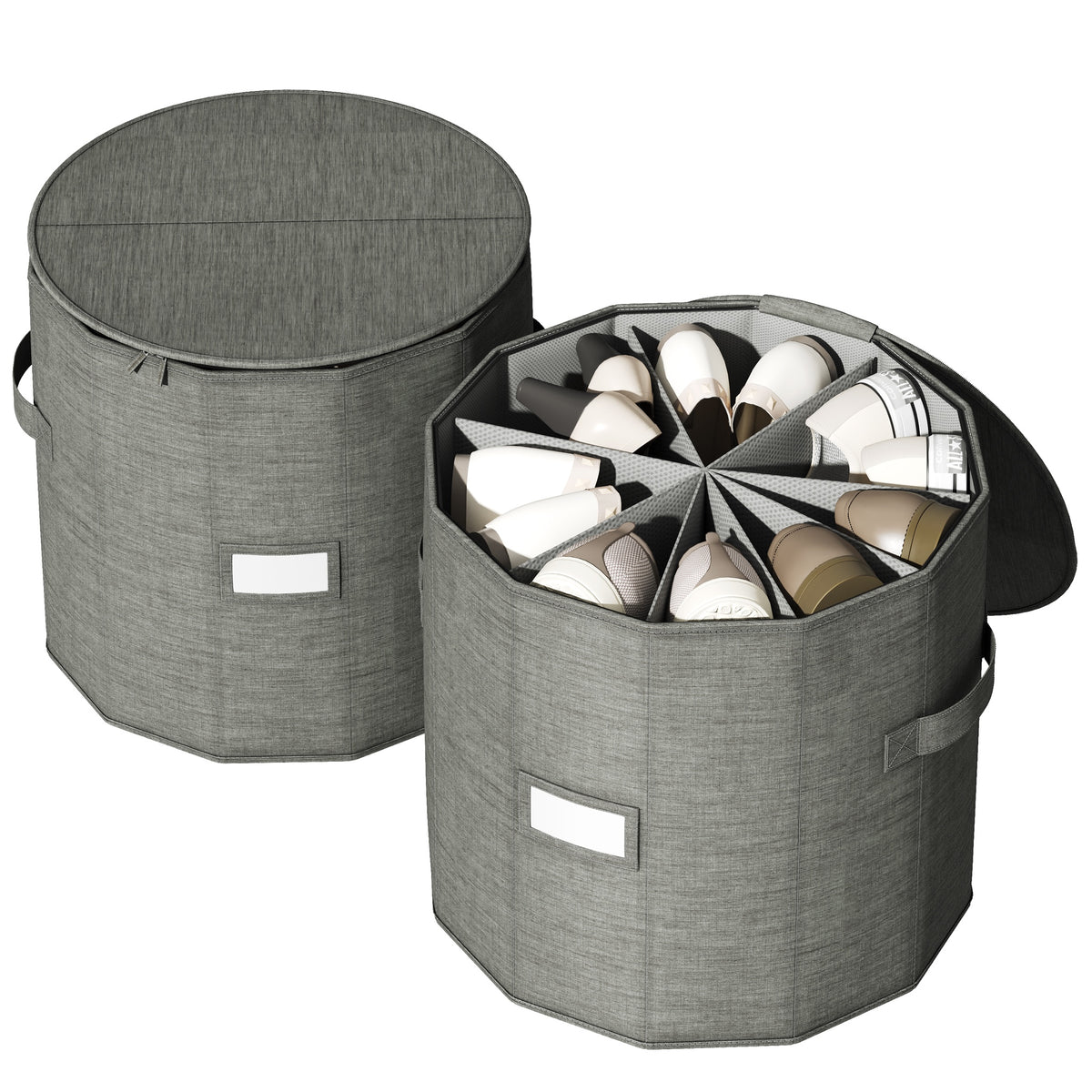 Two round shoe organizers, one with the lid on and one open with shoes inside