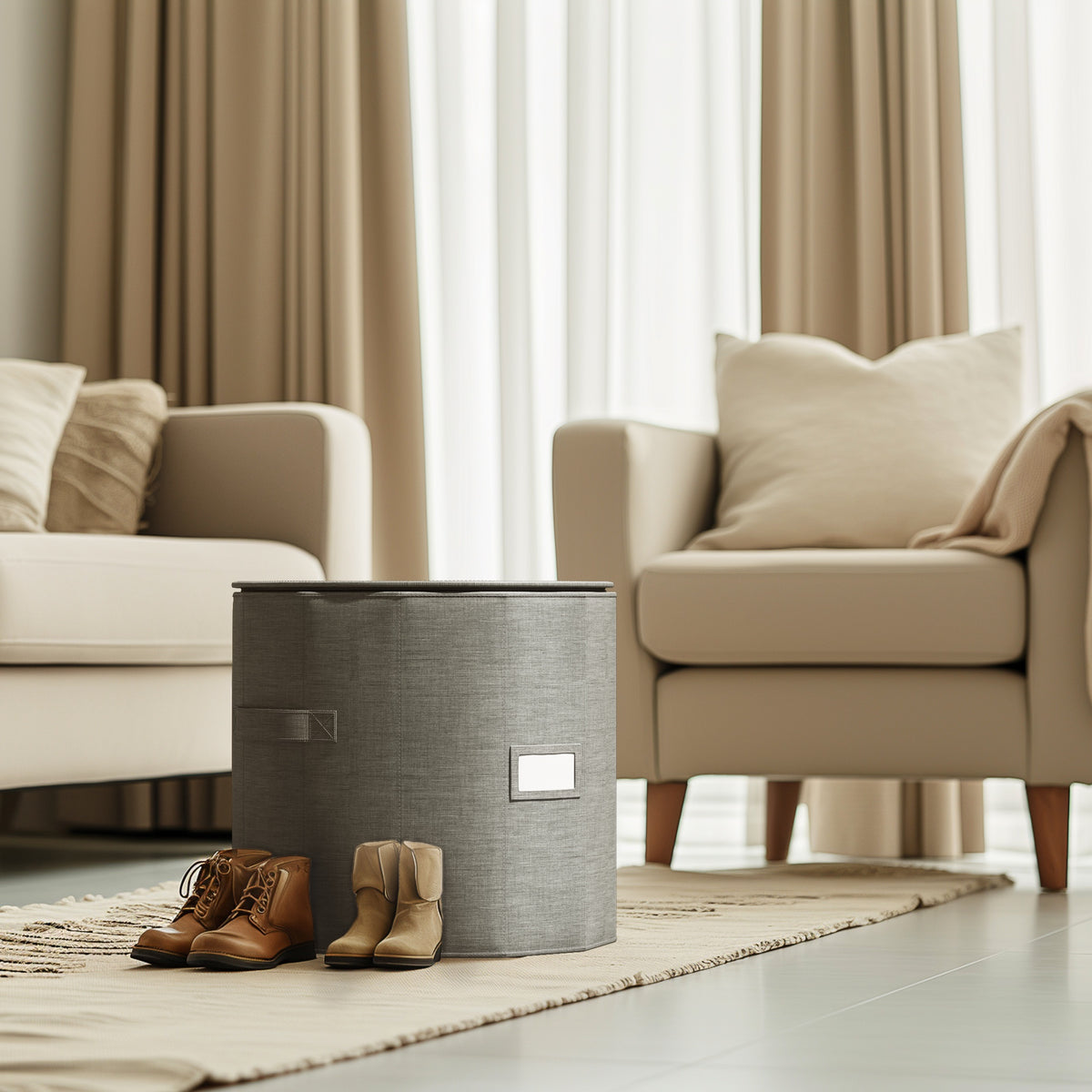 Round shoe organizer next to a sofa in a living room