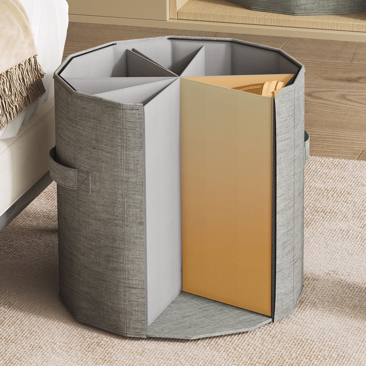 Round shoe organizer opened to show the adjustable fan-shaped dividers