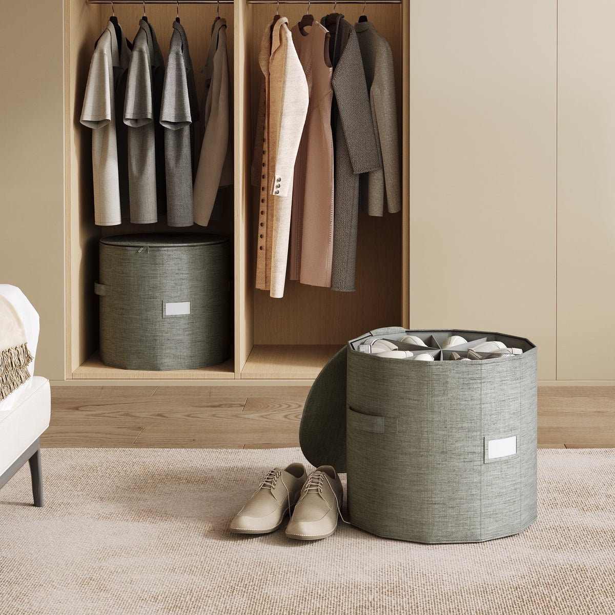 Two round shoe organizers, one on a wardrobe shelf and one open on the floor with shoes