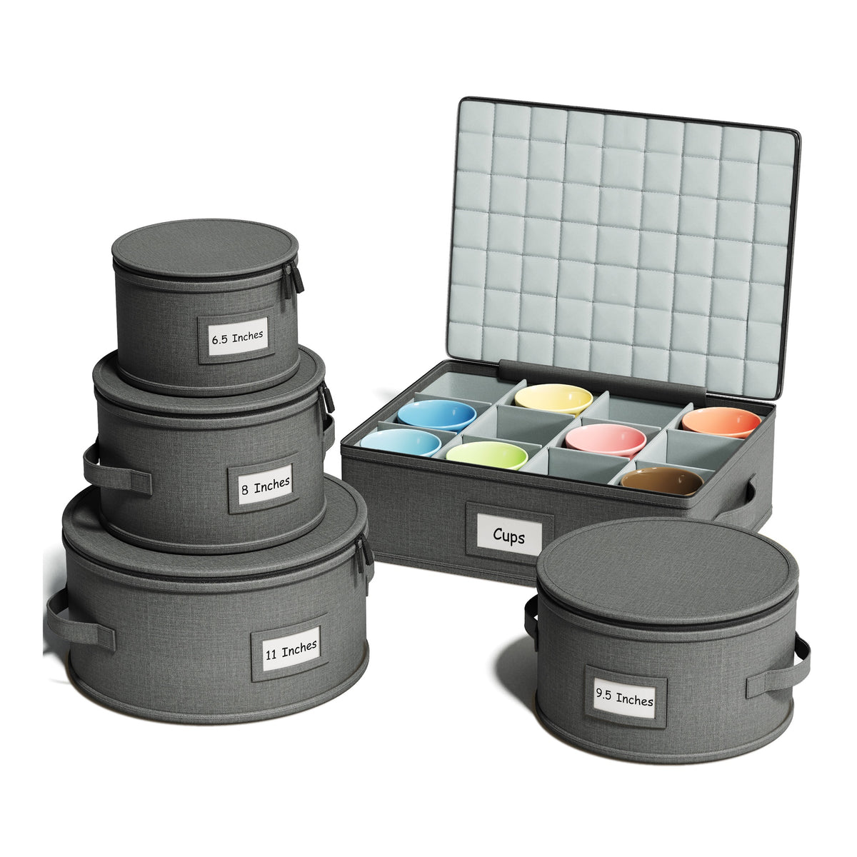 Five-piece hard shell china storage set with labelled round boxes and a cup organizer