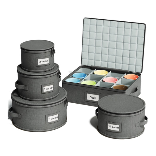Five-piece hard shell china storage set with labelled round boxes and a cup organizer