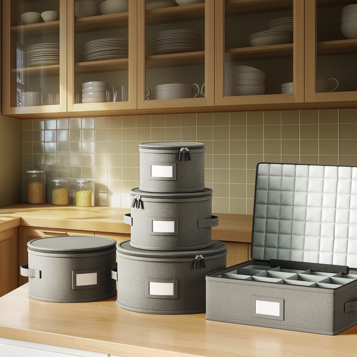 Stacked china storage boxes and a cup organizer on a kitchen counter
