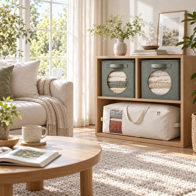 Linen storage cubes in an oak cube shelf and a canvas storage bag in a sunlit living room