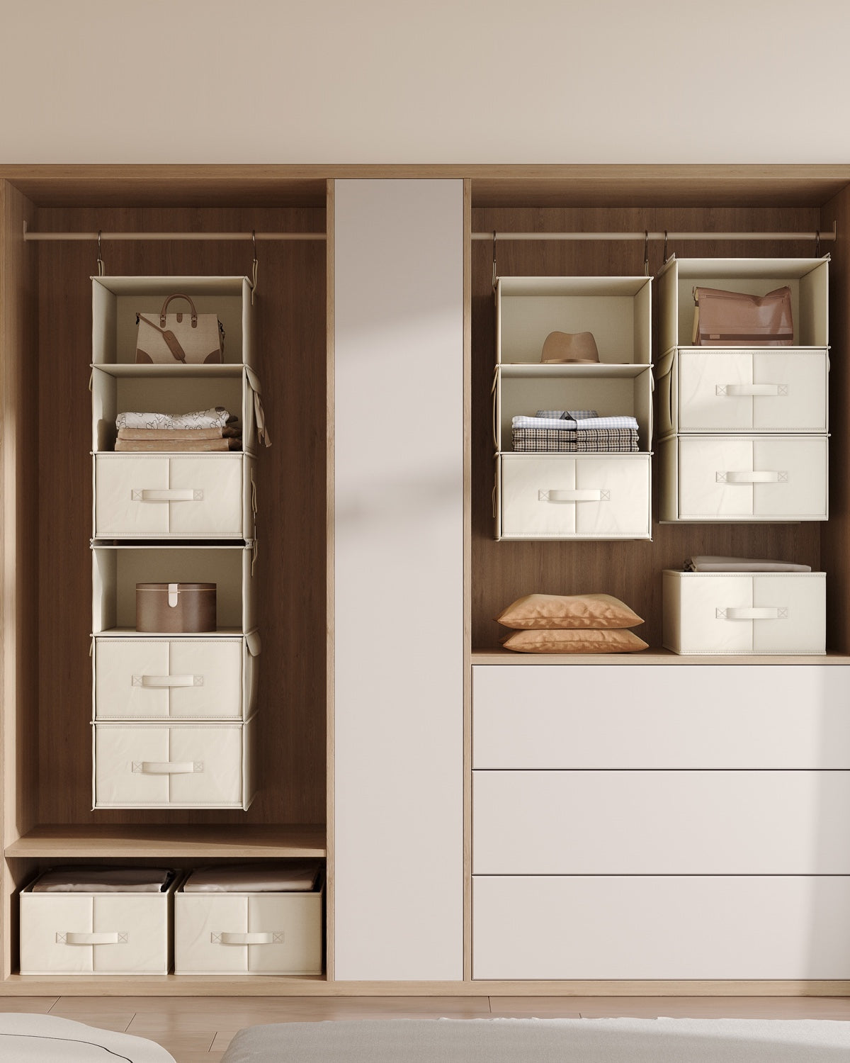 Wardrobe wall with cream hanging closet organizers, drawers and storage boxes
