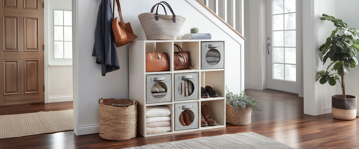 Light gray vailando storage cubes in a white entryway cube shelf