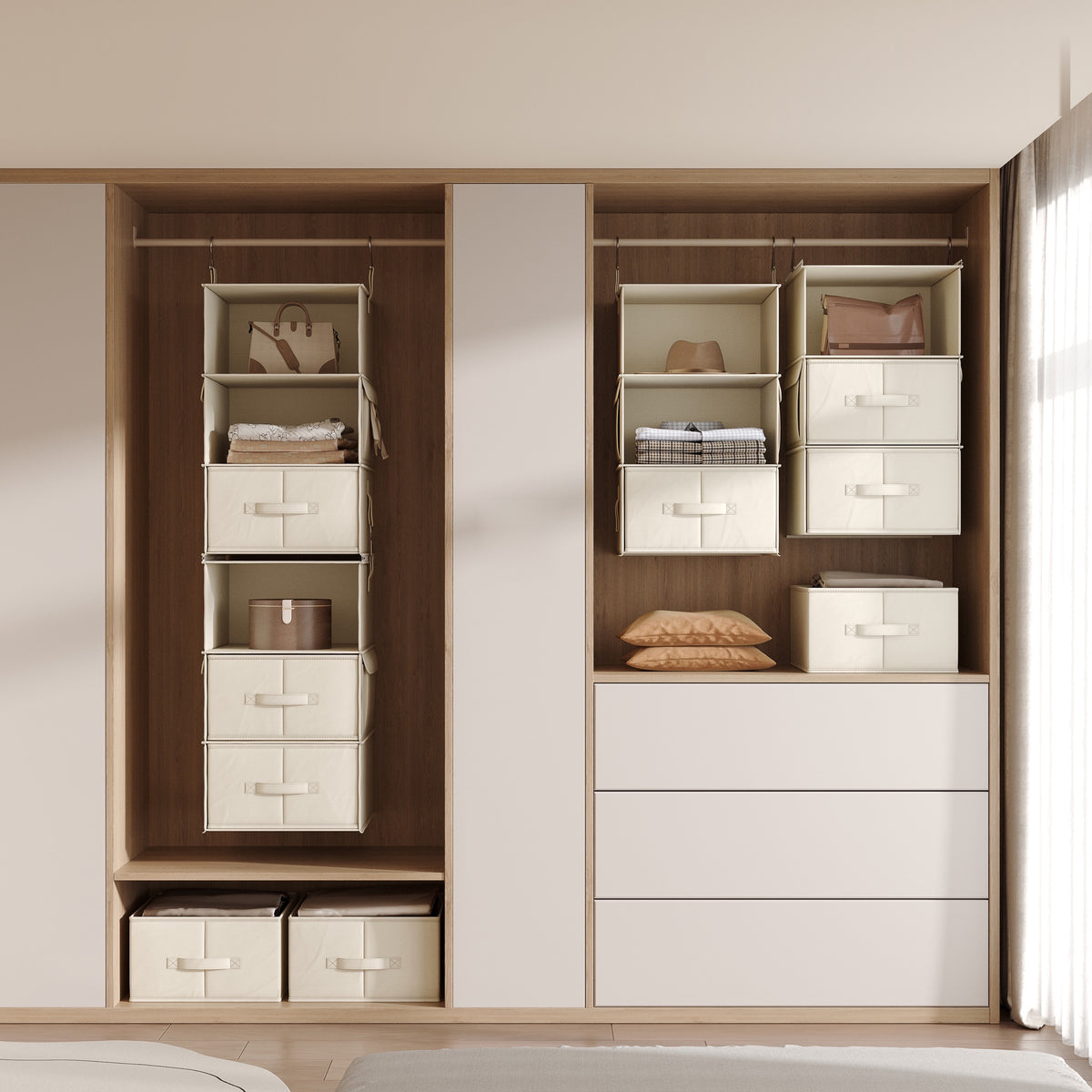 Hanging closet organizers holding folded clothes, bags and hats in a wood wardrobe