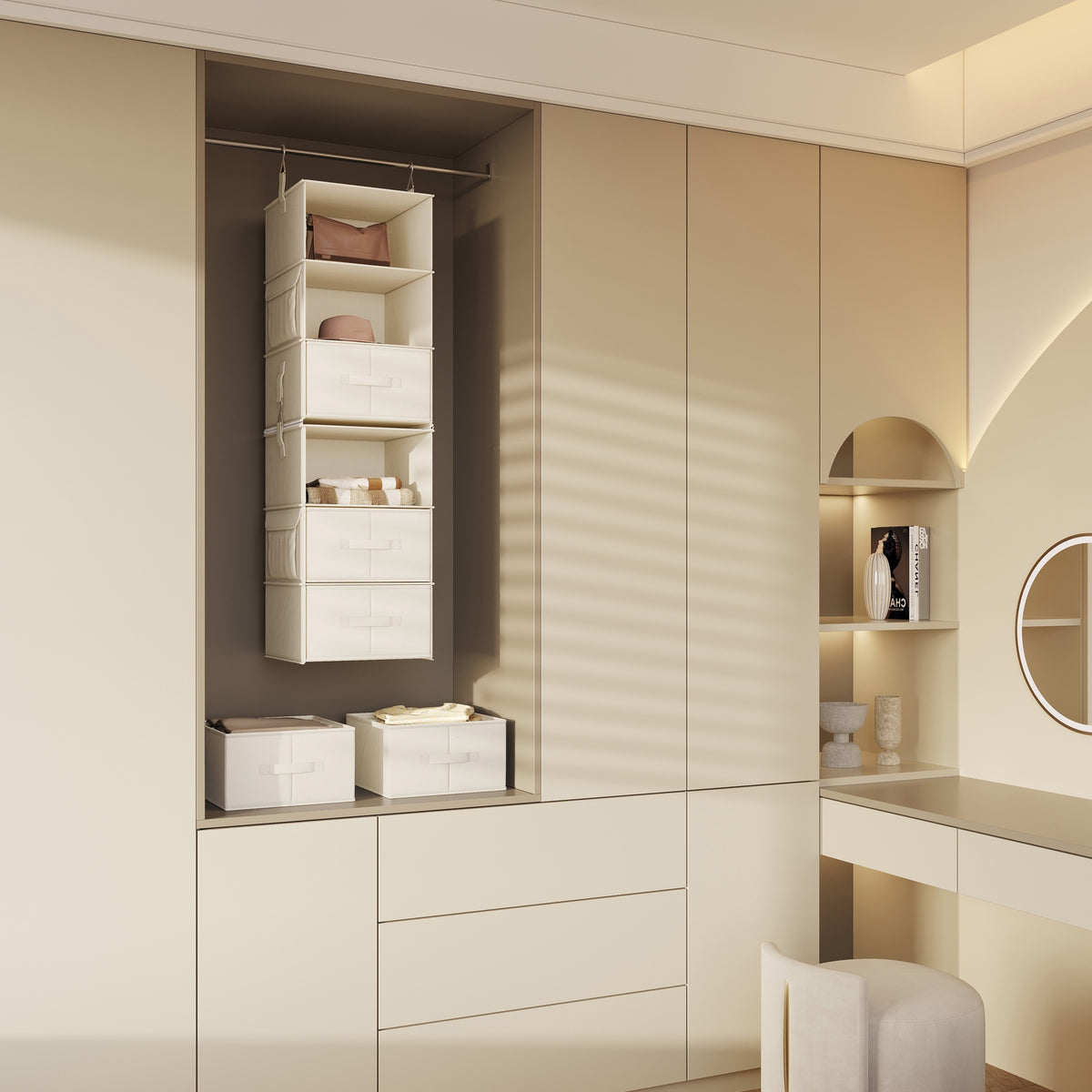 Hanging closet organizer with folded linens inside a built-in wardrobe