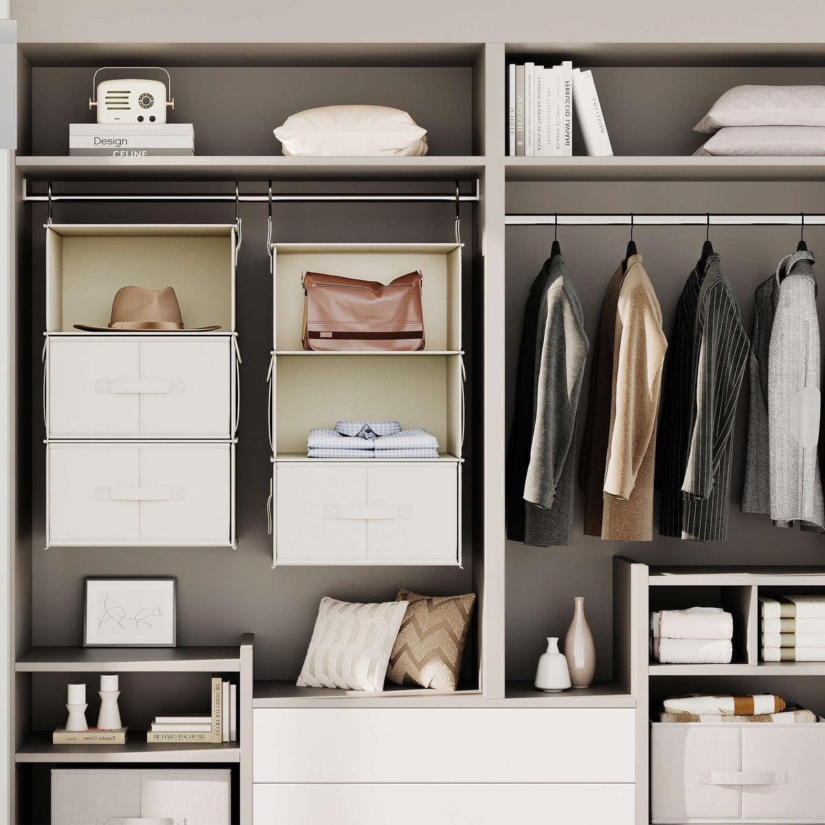 Two hanging closet organizers in an open wardrobe holding a hat, a bag and folded shirts