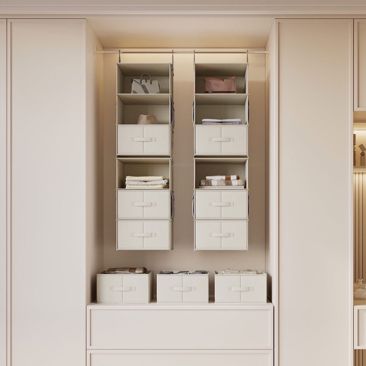 Two hanging closet organizers side by side in a cream wardrobe