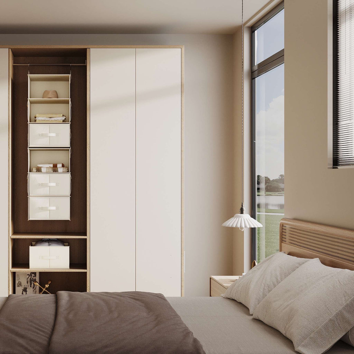 Hanging closet organizer in a bedroom wardrobe beside a window