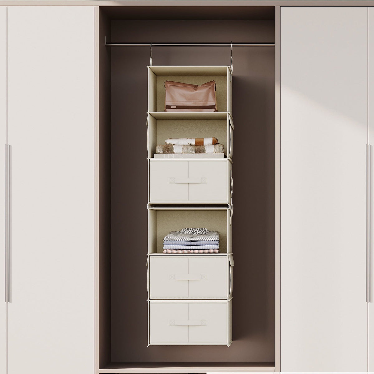 Six-shelf hanging closet organizer with drawers hanging from a closet rod