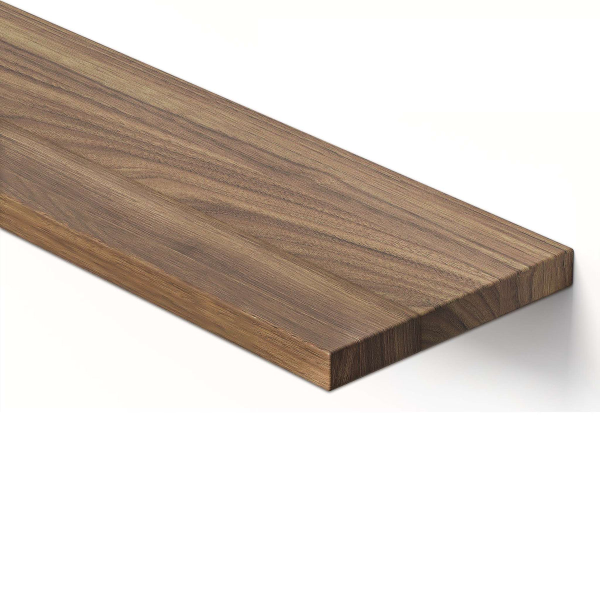 Solid pine shelf board in rustic walnut finish, showing the wood grain and edge