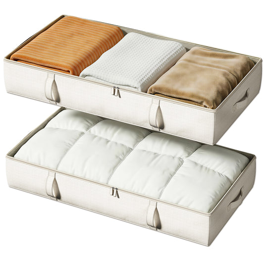 Two under bed storage containers holding folded blankets and a comforter