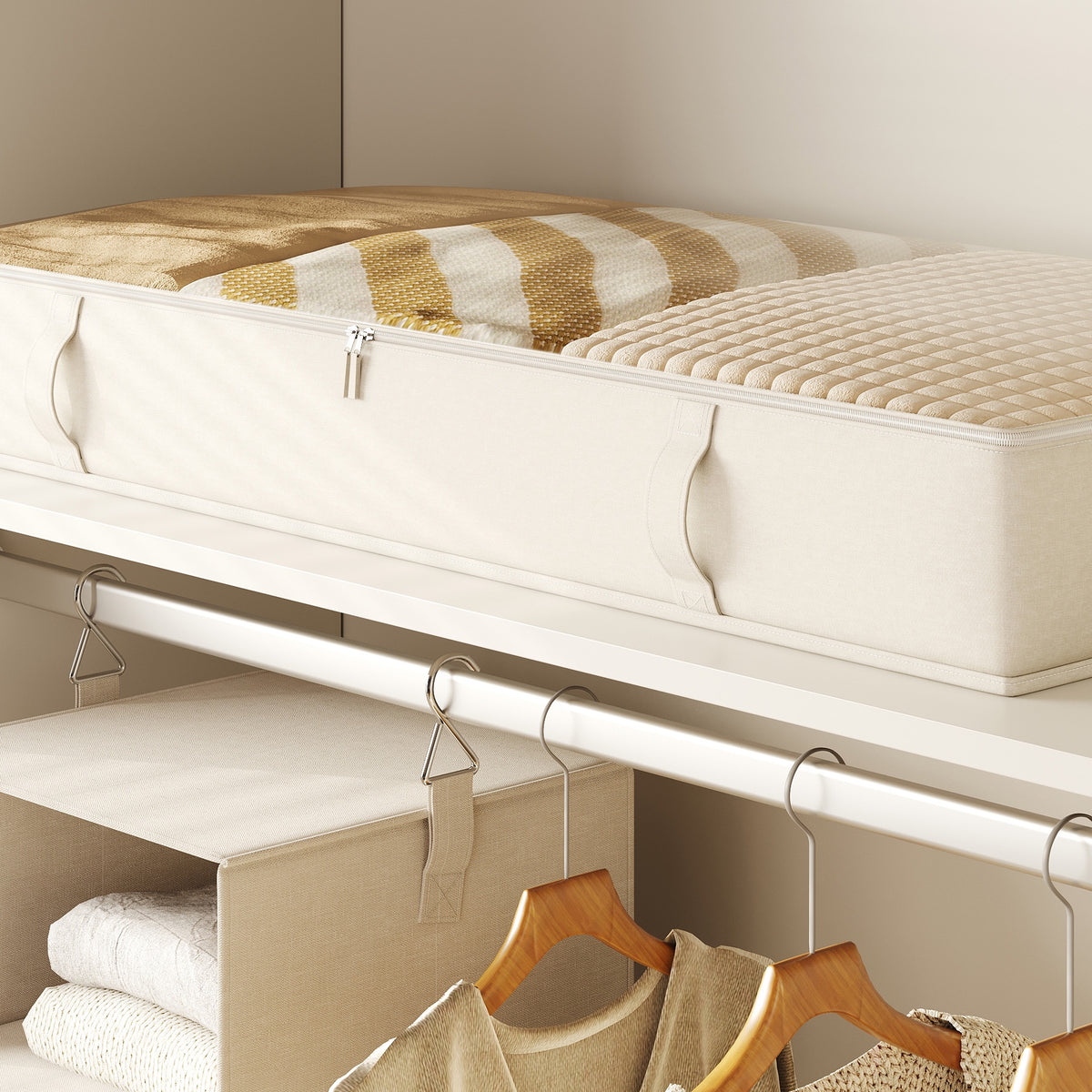 Under bed storage container tucked beneath a bed frame