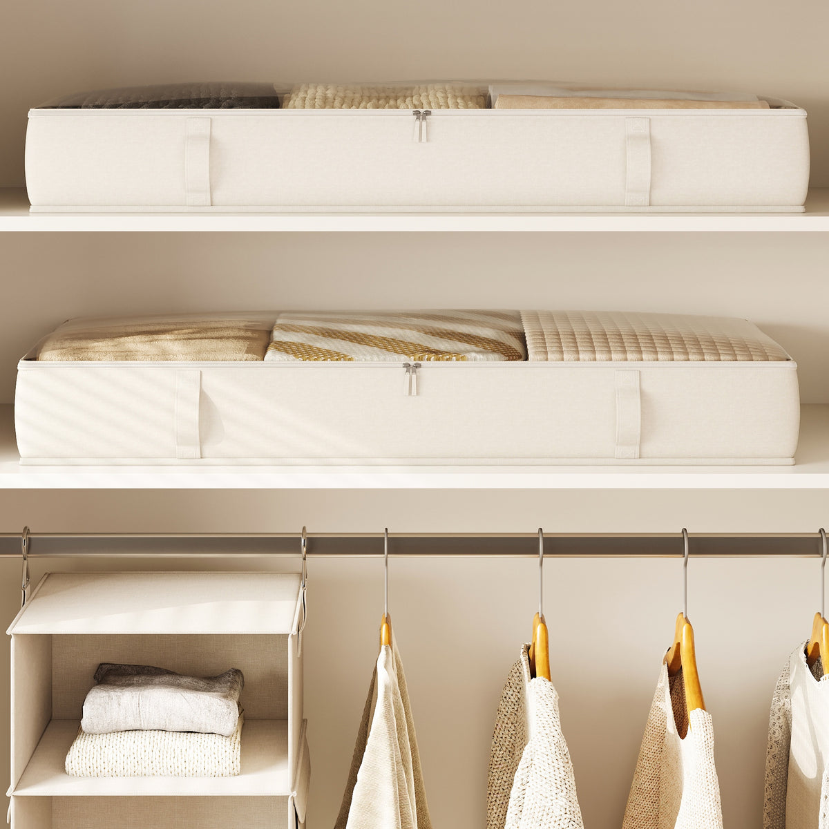 Under bed storage containers stored on a closet shelf above hanging clothes