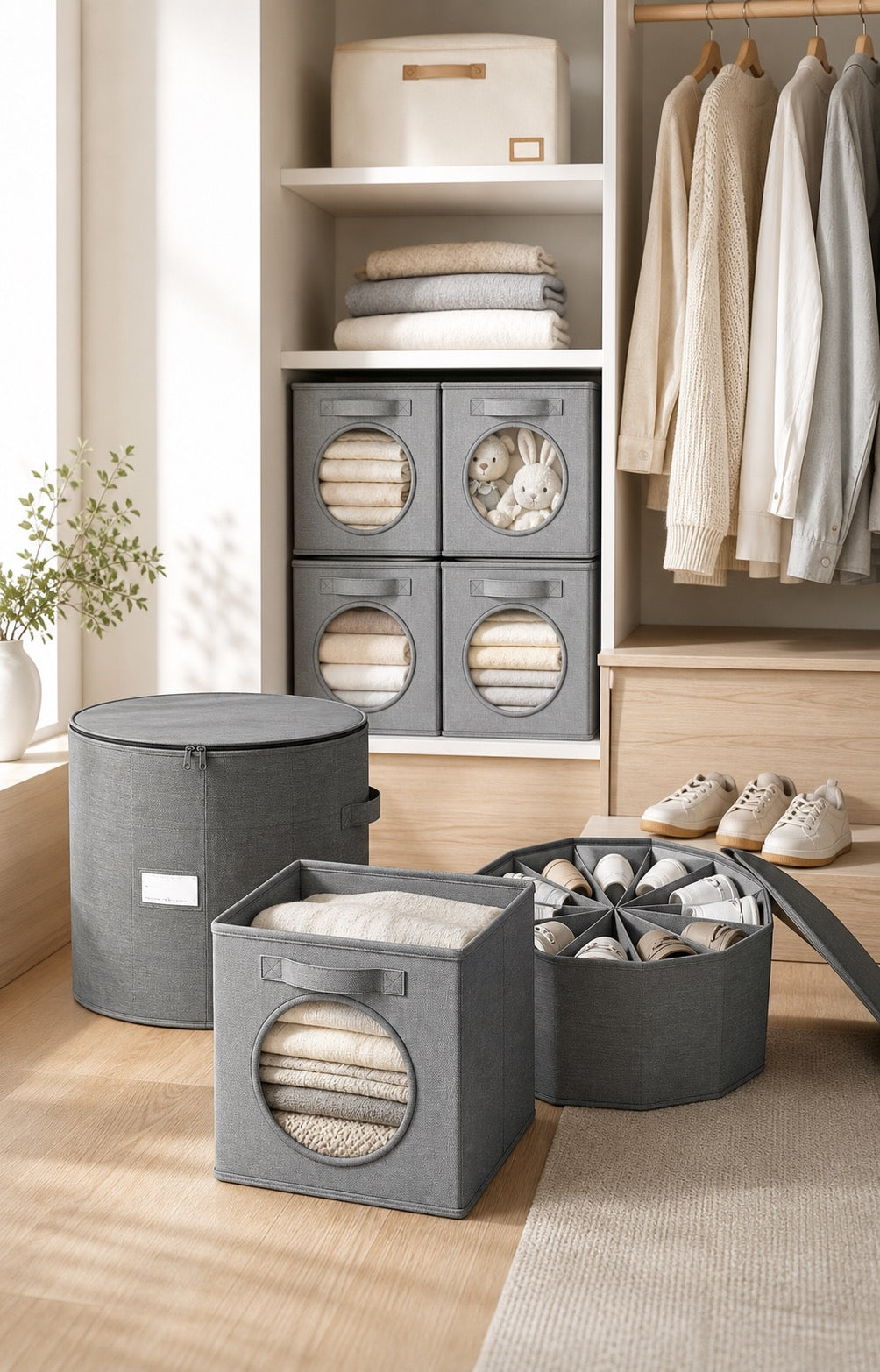 A calm bedroom with organized fabric storage