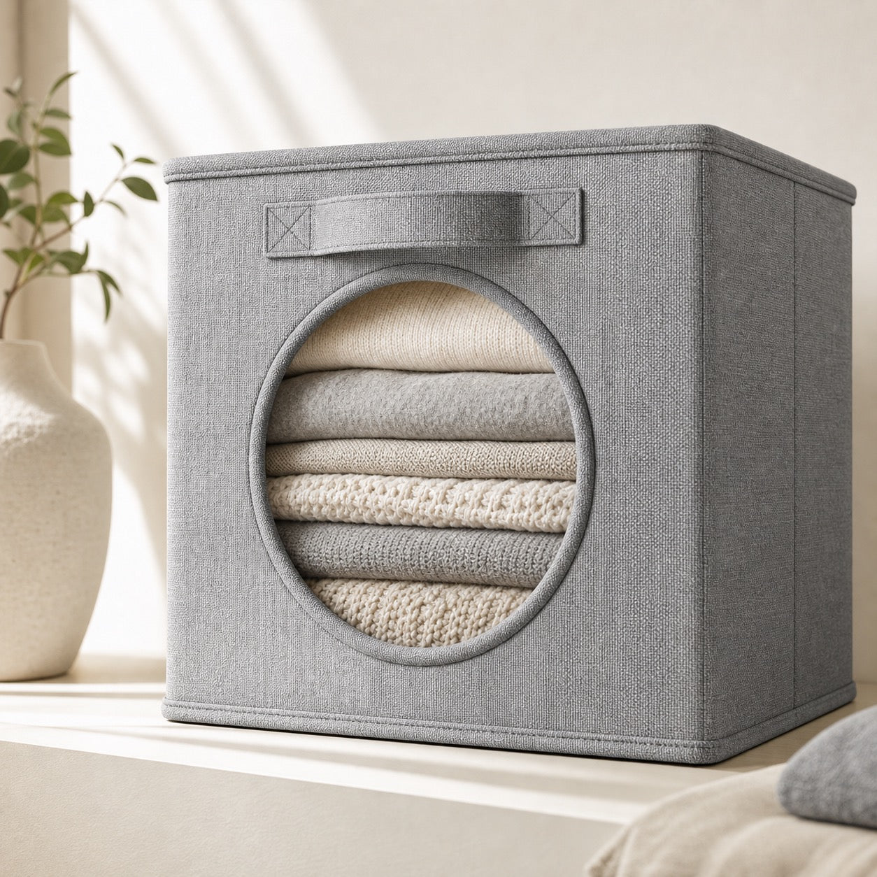 Grey fabric storage bin with clear window
