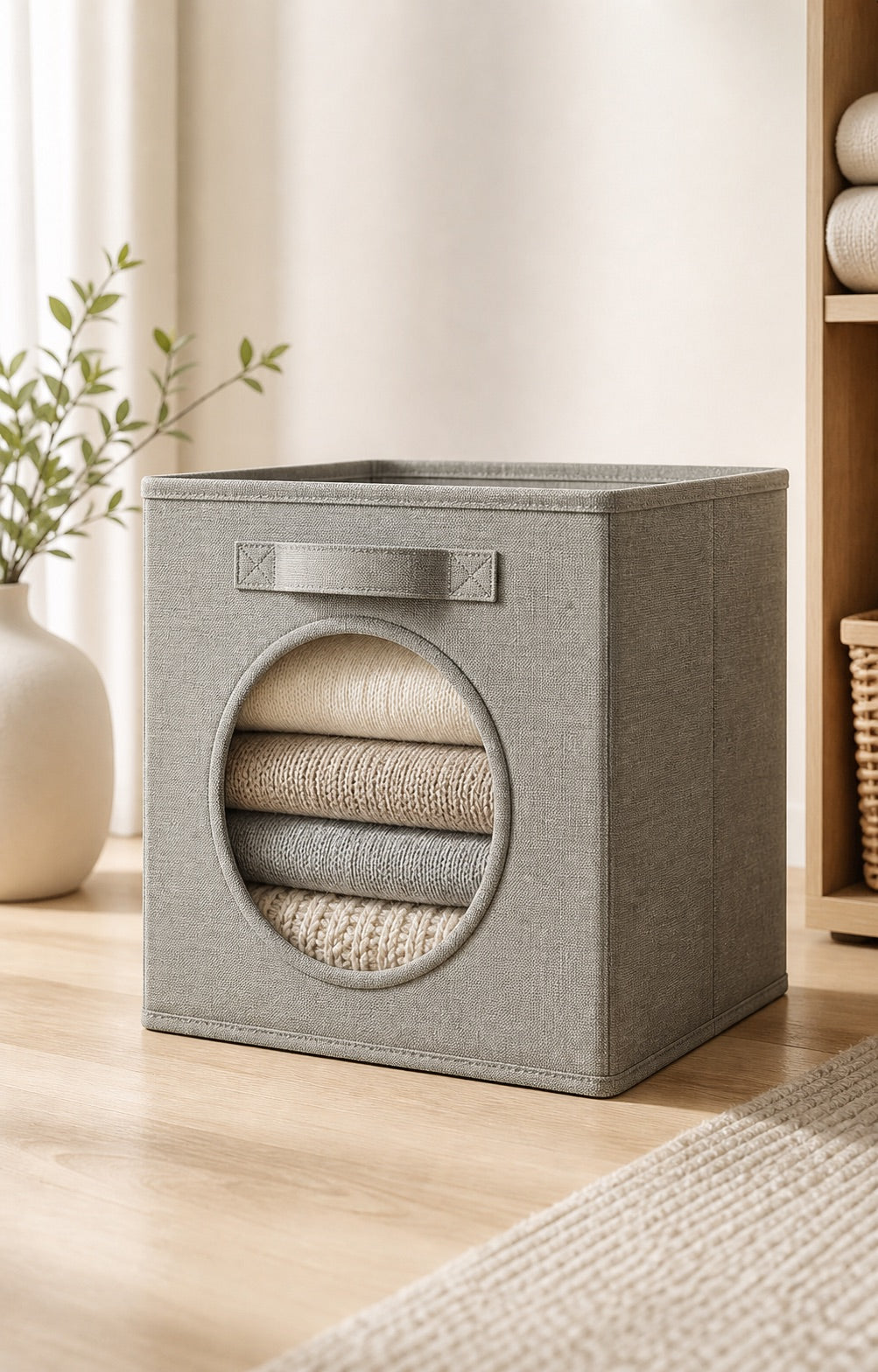 Gray cotton-linen shoe organizer used in closet and entryway storage