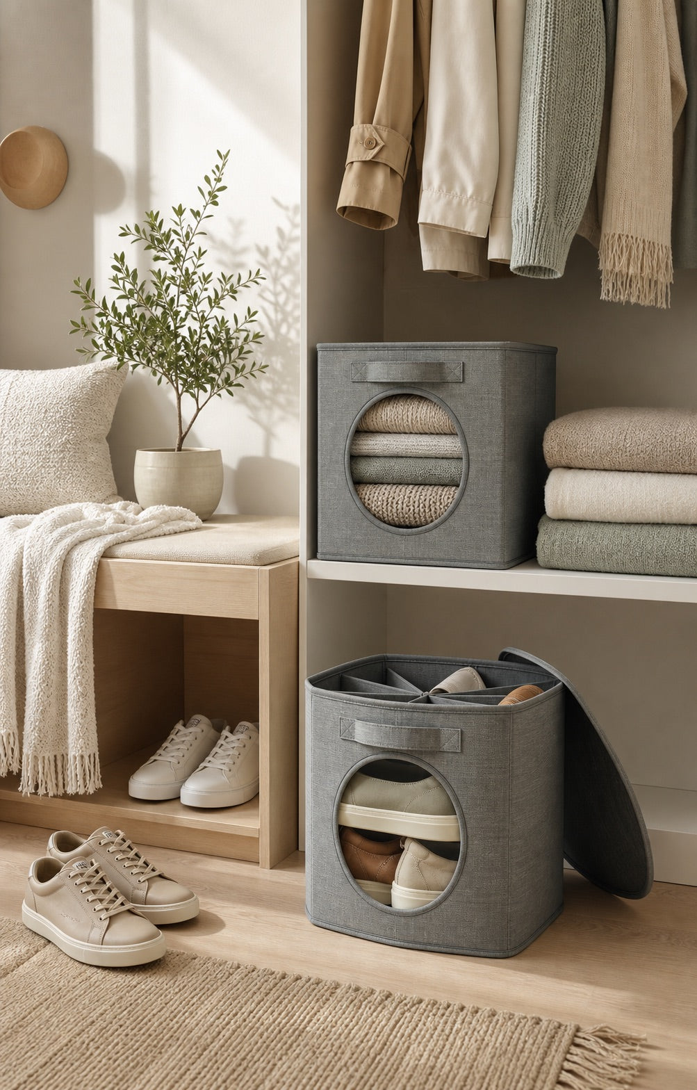 Gray cylindrical shoe organizer in a warm home setting